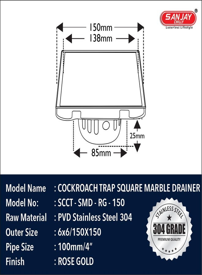 Sanjay Chilly Marble Drain Colour Collection Cockroach Trap Insert 21mm Tile for Bathroom Gratings 304 Grade Stainless Steel Floor Waste Water Drainer Strainer in Washroom Sink (6 x 6 INCH Rose Gold) - Image 3